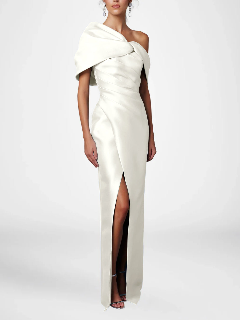 Sheath/Column Evening Dress One-Shoulder Half Sleeves Floor-Length Mother of the Bride Dresses with Ruffles