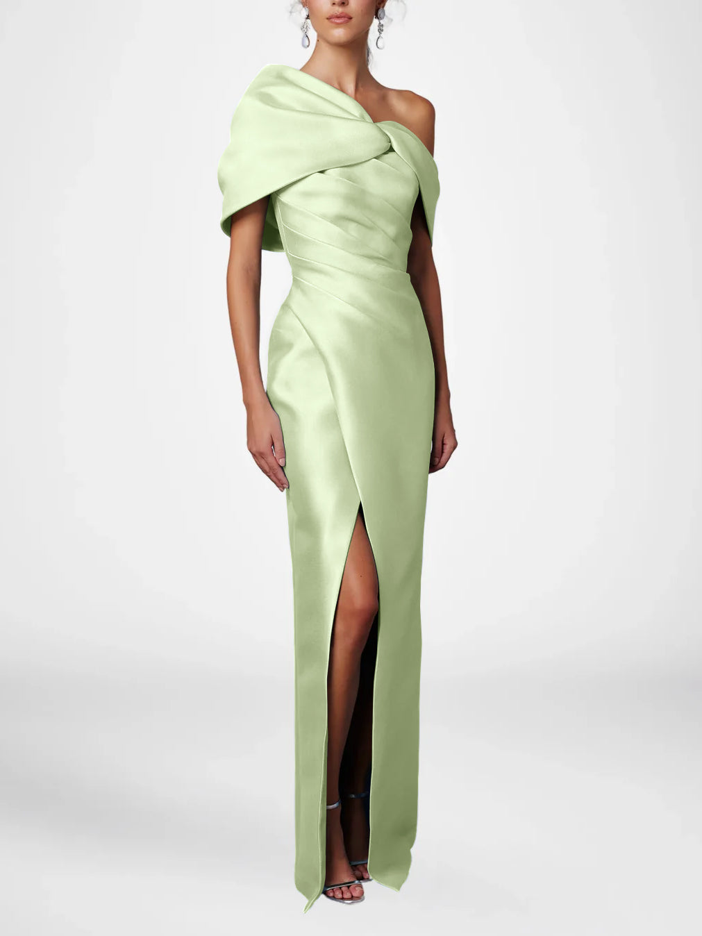 Sheath/Column Evening Dress One-Shoulder Half Sleeves Floor-Length Mother of the Bride Dresses with Ruffles