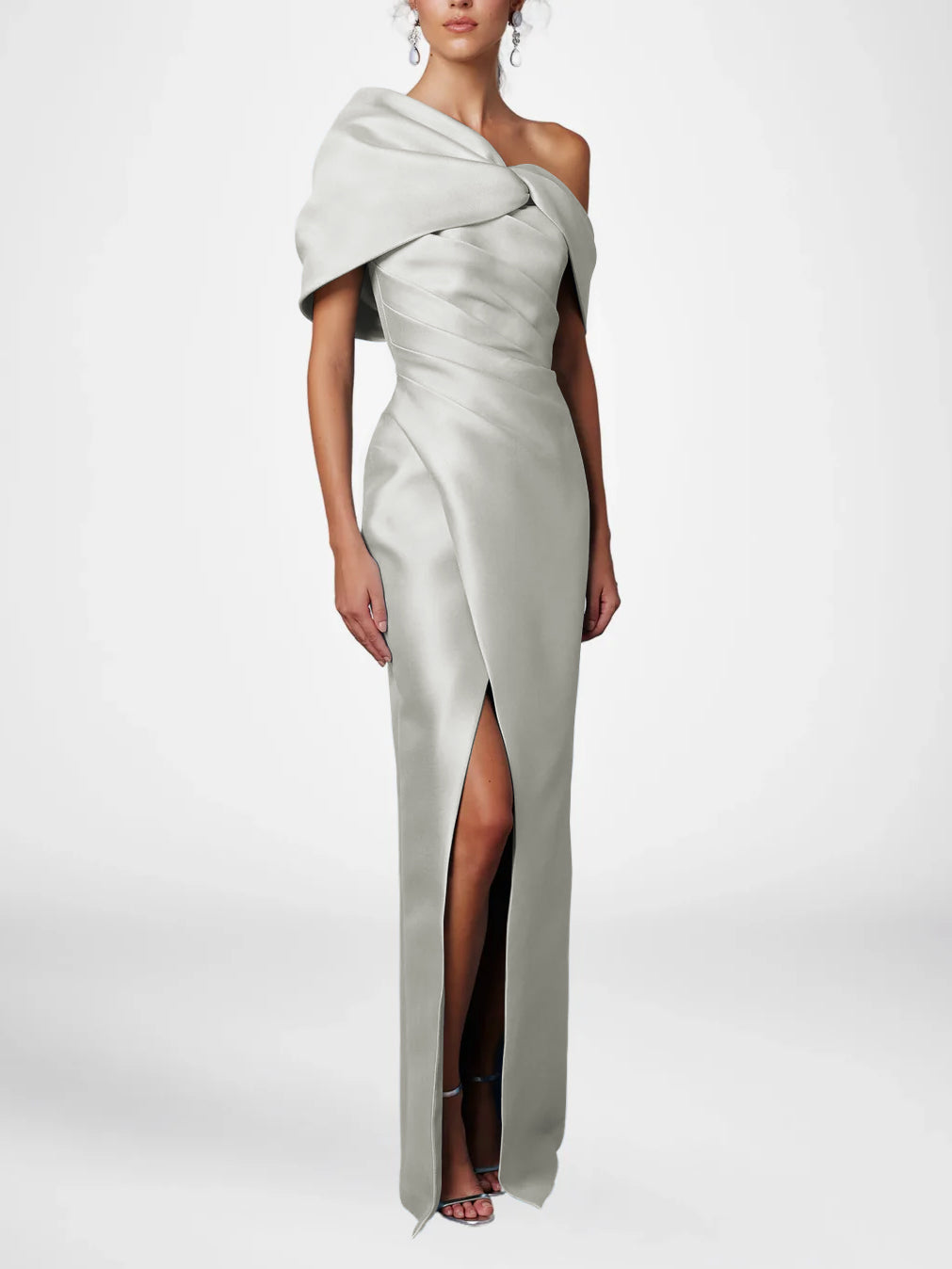 Sheath/Column Evening Dress One-Shoulder Half Sleeves Floor-Length Mother of the Bride Dresses with Ruffles