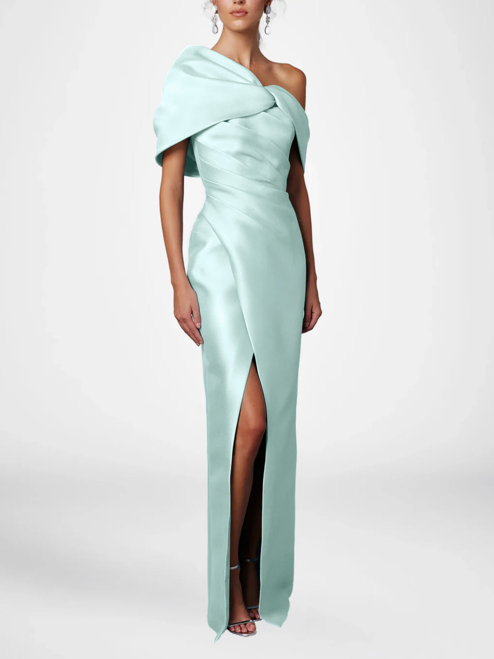 Sheath/Column Evening Dress One-Shoulder Half Sleeves Floor-Length Mother of the Bride Dresses with Ruffles