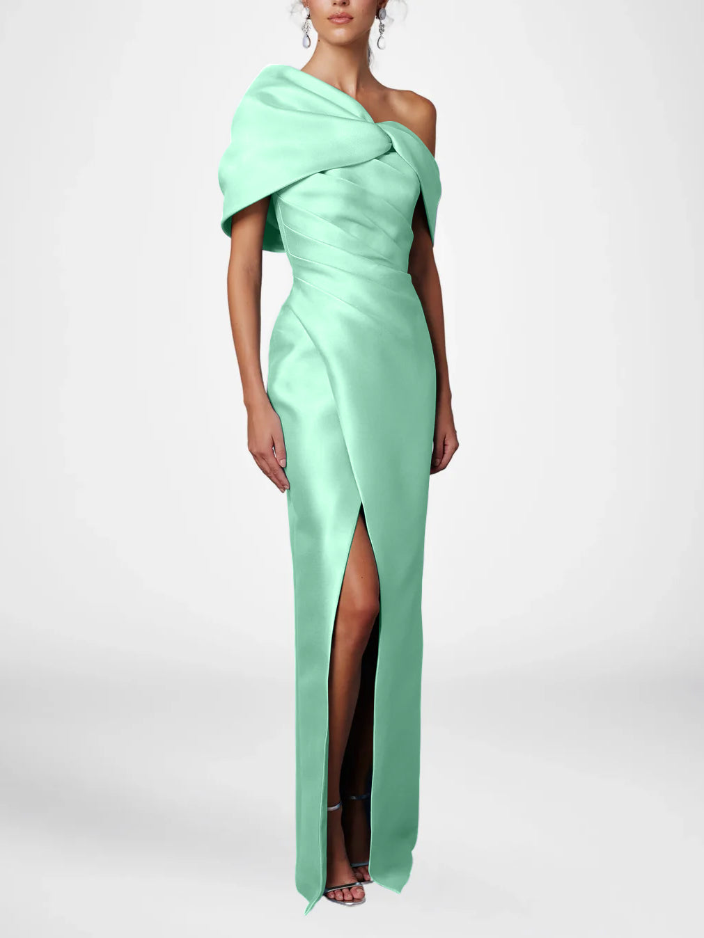 Sheath/Column Evening Dress One-Shoulder Half Sleeves Floor-Length Mother of the Bride Dresses with Ruffles