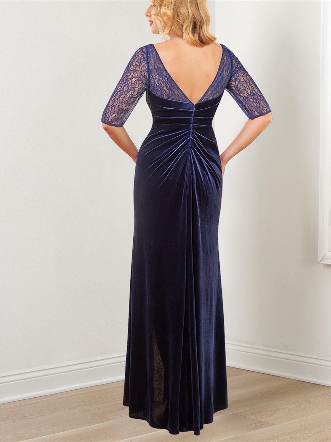 Sheath/Column  Lace Half Sleeves Floor-Length Evening Dresses