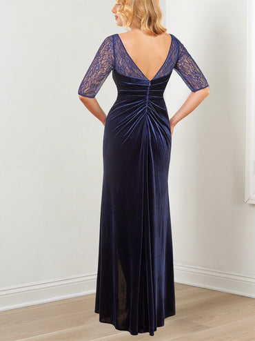 Sheath/Column  Lace Half Sleeves Floor-Length Evening Dresses