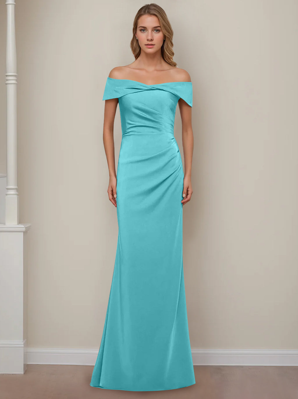 Trumpet/Mermaid Off-the-Shoulder Short Sleeves Floor-Length Mother of The Bride Dresses With Ruffles