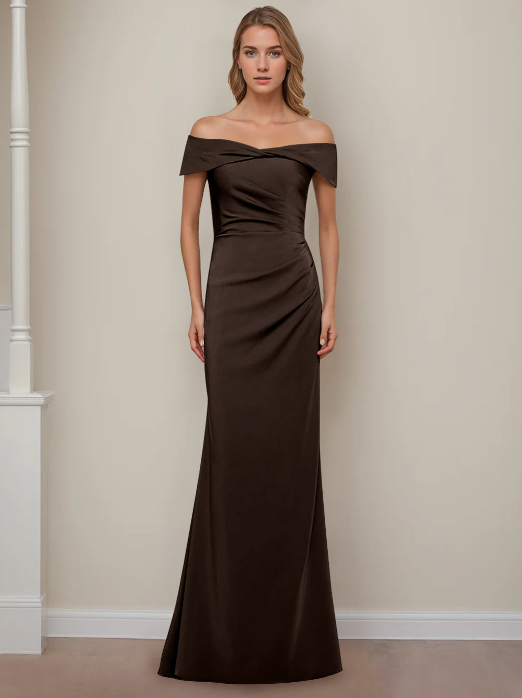 Trumpet/Mermaid Off-the-Shoulder Short Sleeves Floor-Length Mother of The Bride Dresses With Ruffles
