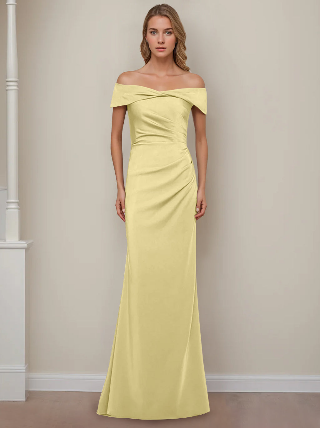 Trumpet/Mermaid Off-the-Shoulder Short Sleeves Floor-Length Mother of The Bride Dresses With Ruffles