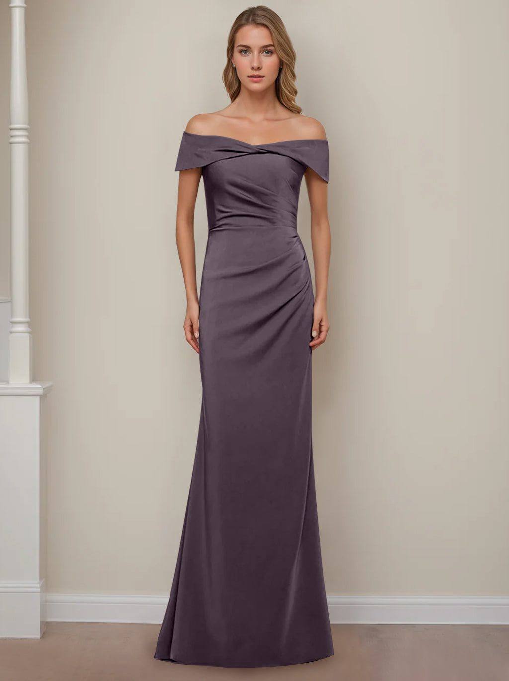 Trumpet/Mermaid Off-the-Shoulder Short Sleeves Floor-Length Mother of The Bride Dresses With Ruffles