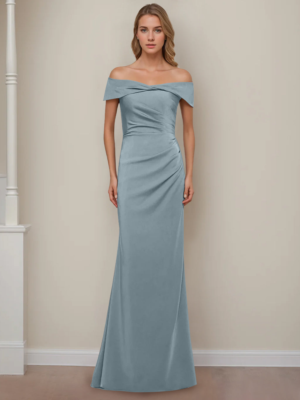 Trumpet/Mermaid Off-the-Shoulder Short Sleeves Floor-Length Mother of The Bride Dresses With Ruffles
