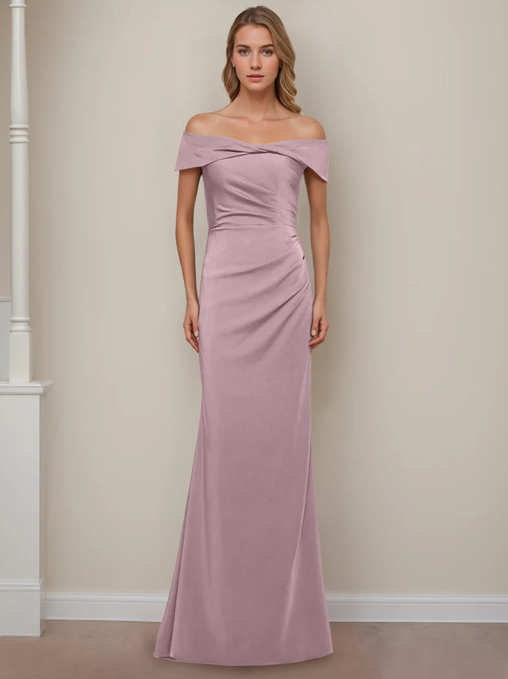 Trumpet/Mermaid Off-the-Shoulder Short Sleeves Floor-Length Mother of The Bride Dresses With Ruffles