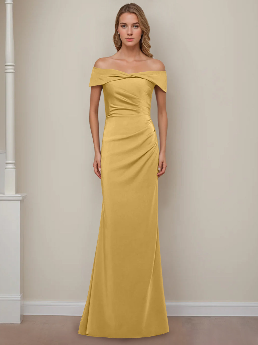 Trumpet/Mermaid Off-the-Shoulder Short Sleeves Floor-Length Mother of The Bride Dresses With Ruffles