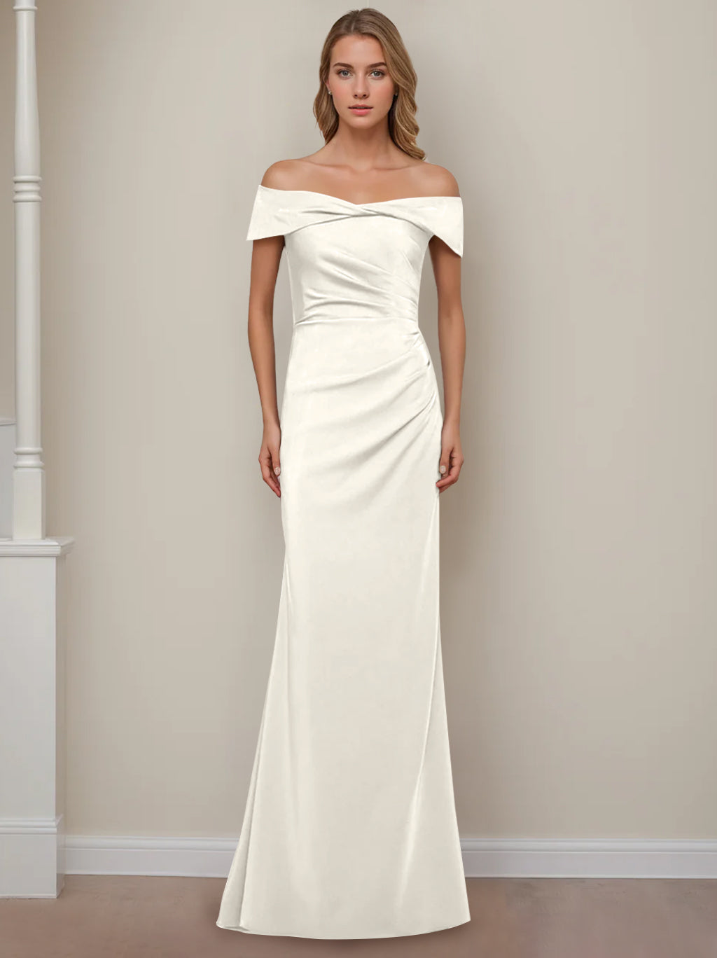 Trumpet/Mermaid Off-the-Shoulder Short Sleeves Floor-Length Mother of The Bride Dresses With Ruffles