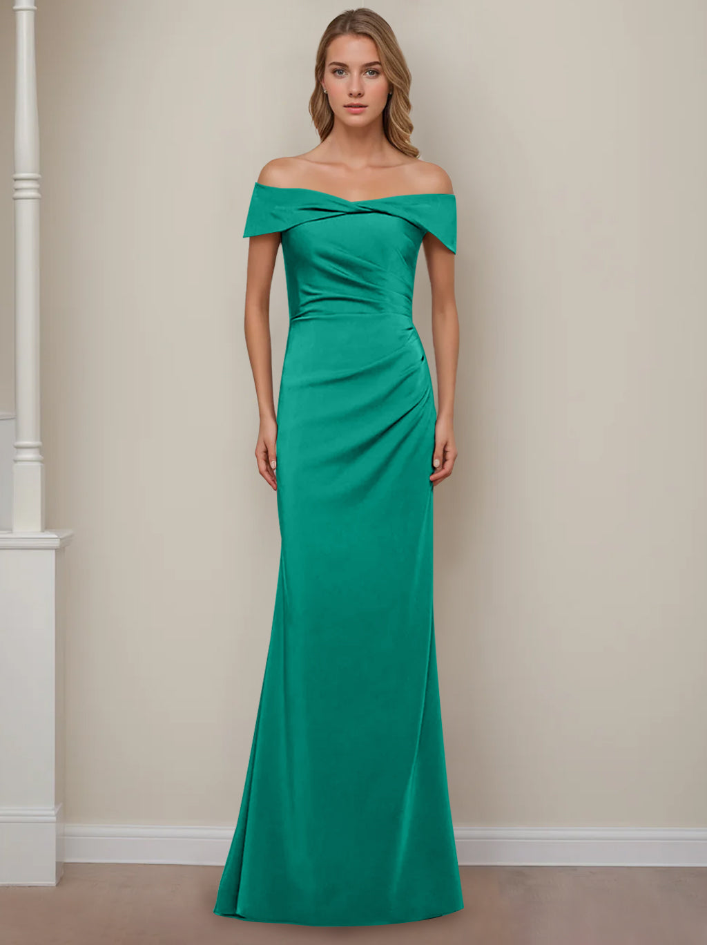 Trumpet/Mermaid Off-the-Shoulder Short Sleeves Floor-Length Mother of The Bride Dresses With Ruffles