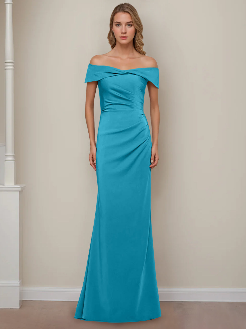 Trumpet/Mermaid Off-the-Shoulder Short Sleeves Floor-Length Mother of The Bride Dresses With Ruffles