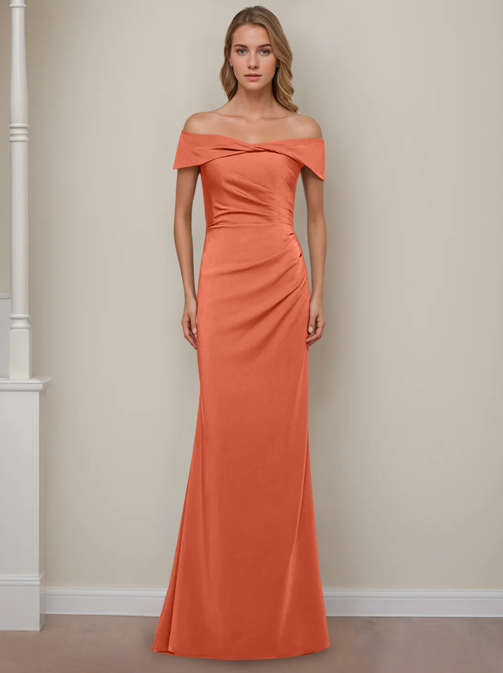 Trumpet/Mermaid Off-the-Shoulder Short Sleeves Floor-Length Mother of The Bride Dresses With Ruffles