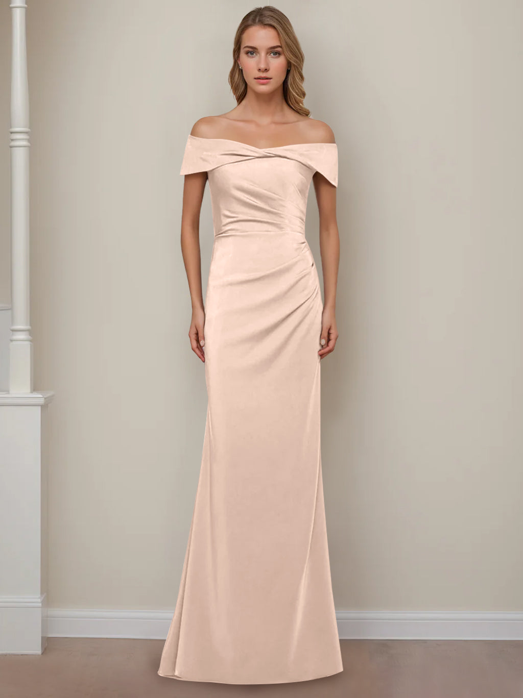 Trumpet/Mermaid Off-the-Shoulder Short Sleeves Floor-Length Mother of The Bride Dresses With Ruffles