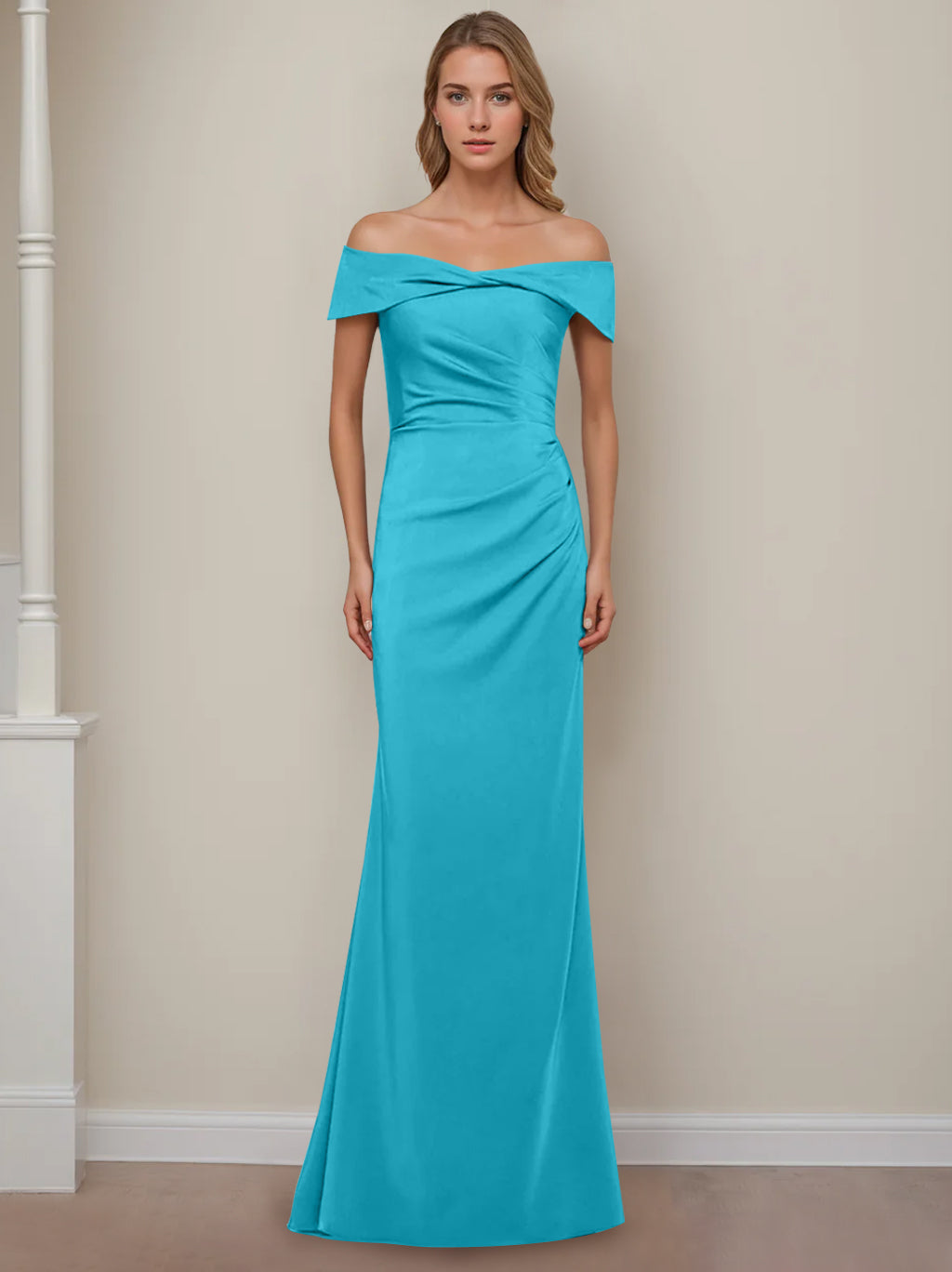 Trumpet/Mermaid Off-the-Shoulder Short Sleeves Floor-Length Mother of The Bride Dresses With Ruffles