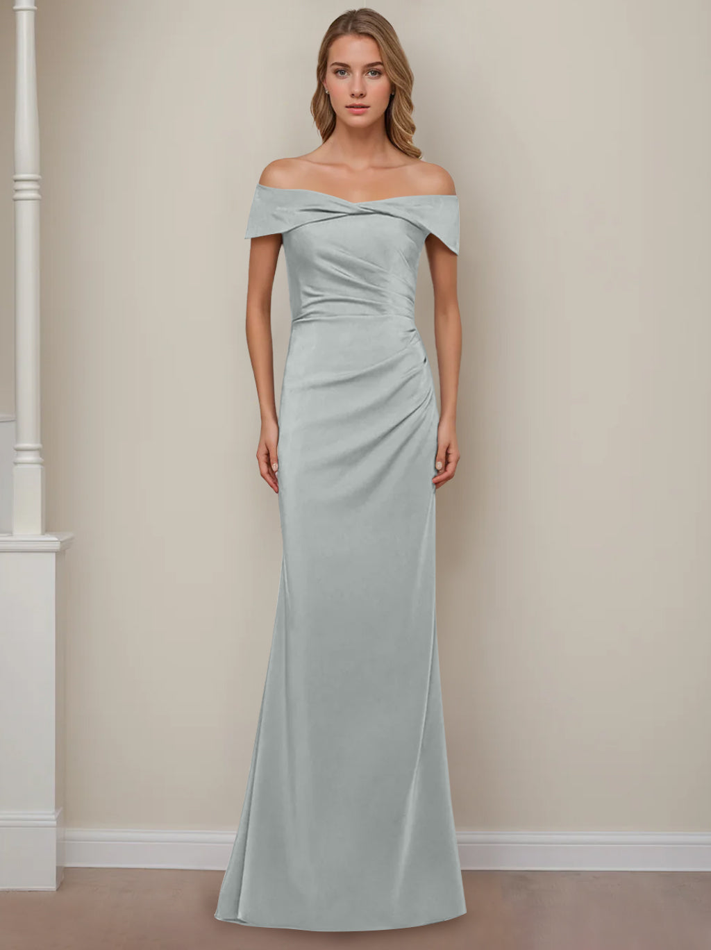 Trumpet/Mermaid Off-the-Shoulder Short Sleeves Floor-Length Mother of The Bride Dresses With Ruffles