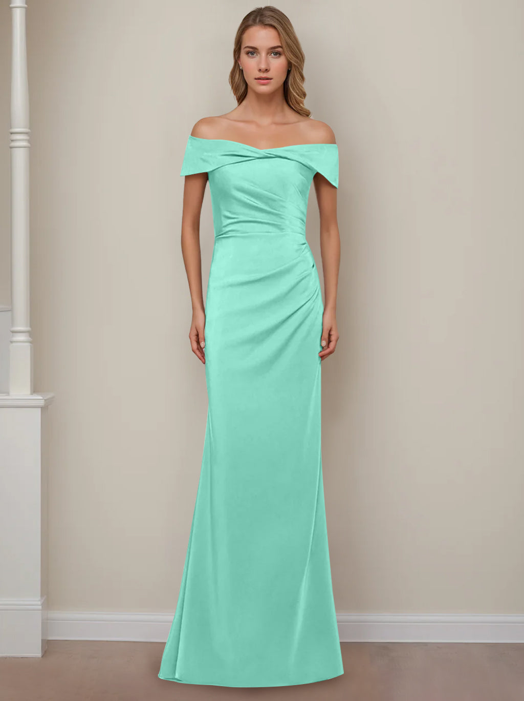 Trumpet/Mermaid Off-the-Shoulder Short Sleeves Floor-Length Mother of The Bride Dresses With Ruffles