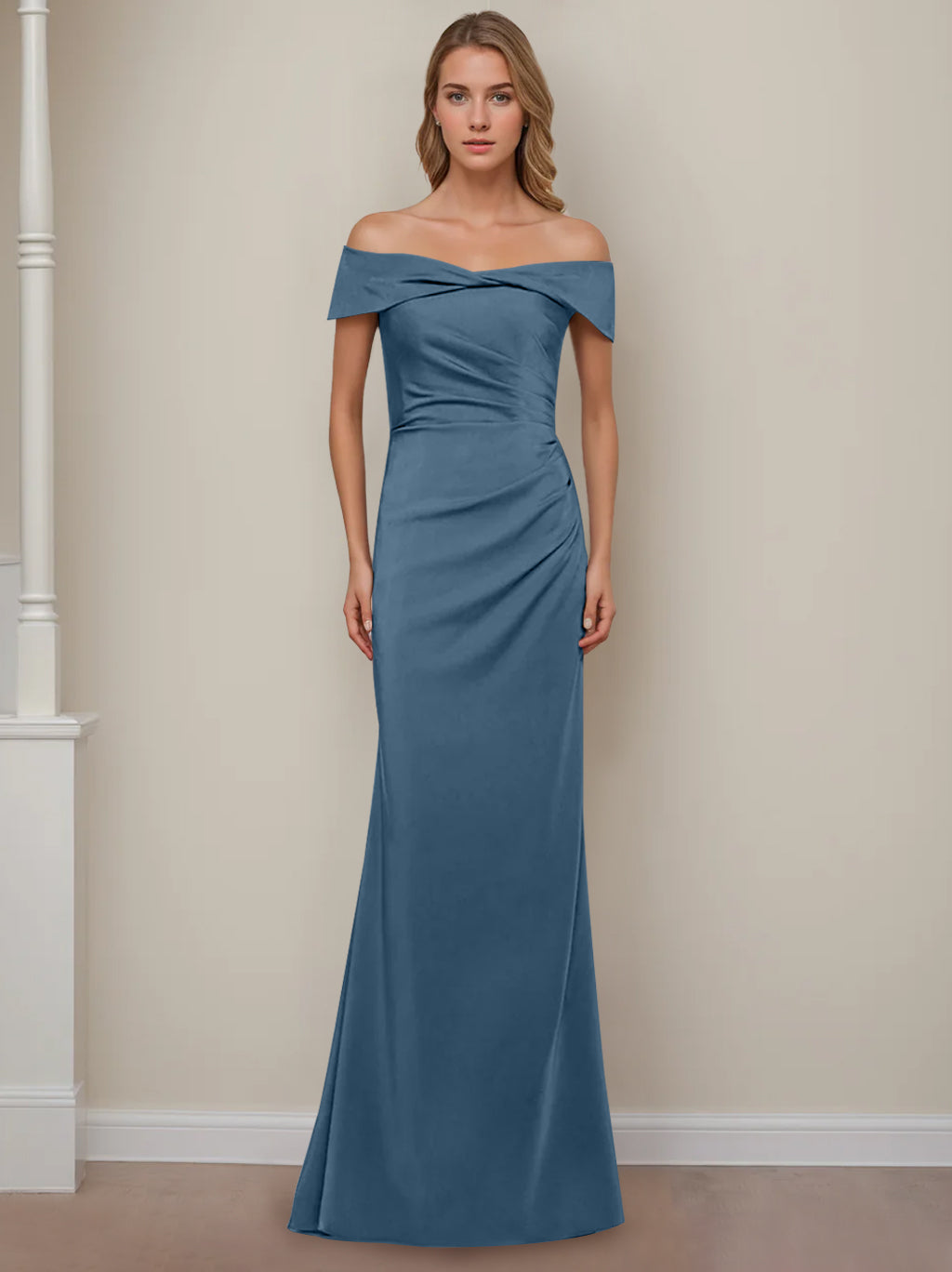 Trumpet/Mermaid Off-the-Shoulder Short Sleeves Floor-Length Mother of The Bride Dresses With Ruffles
