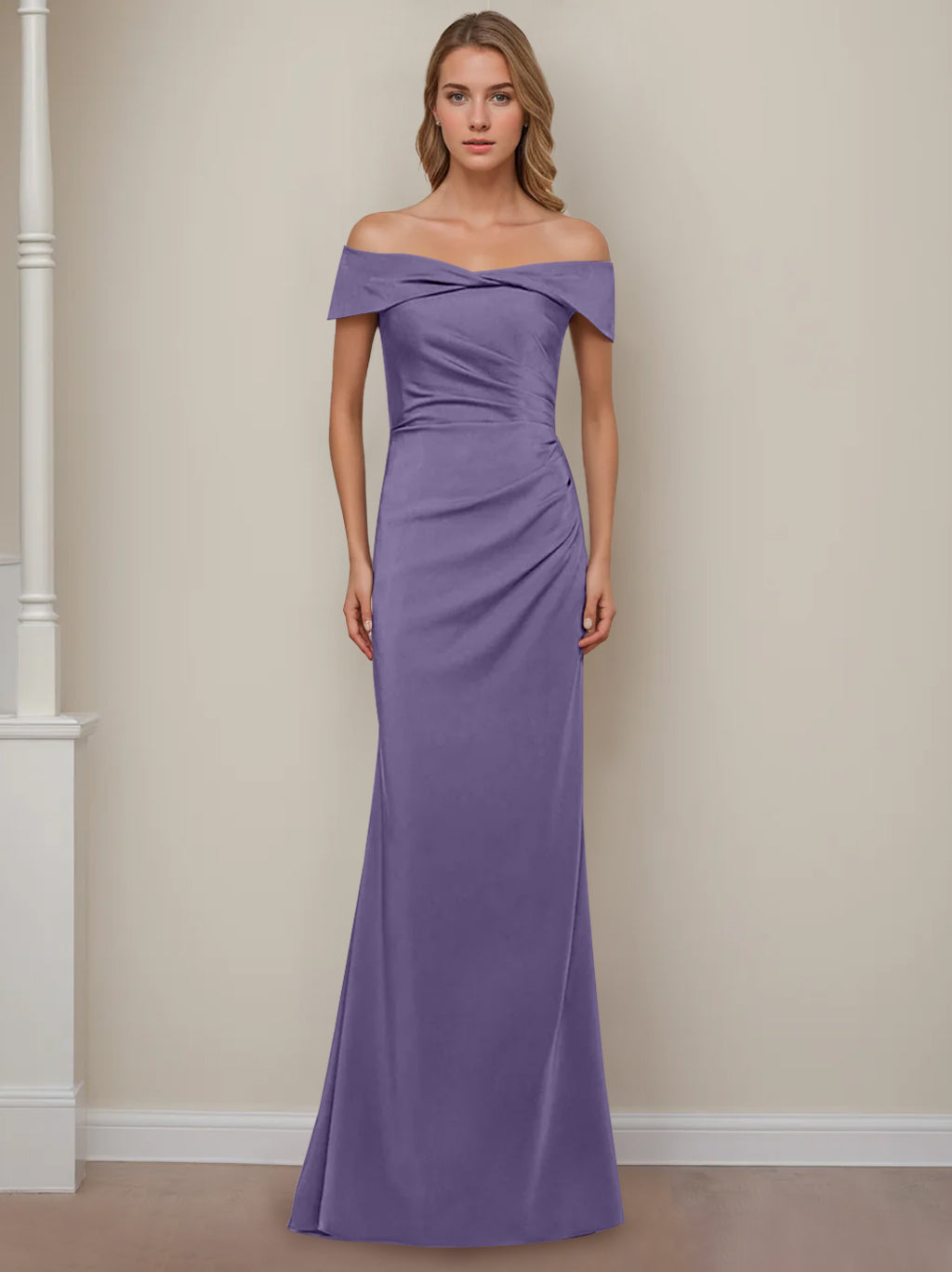 Trumpet/Mermaid Off-the-Shoulder Short Sleeves Floor-Length Mother of The Bride Dresses With Ruffles