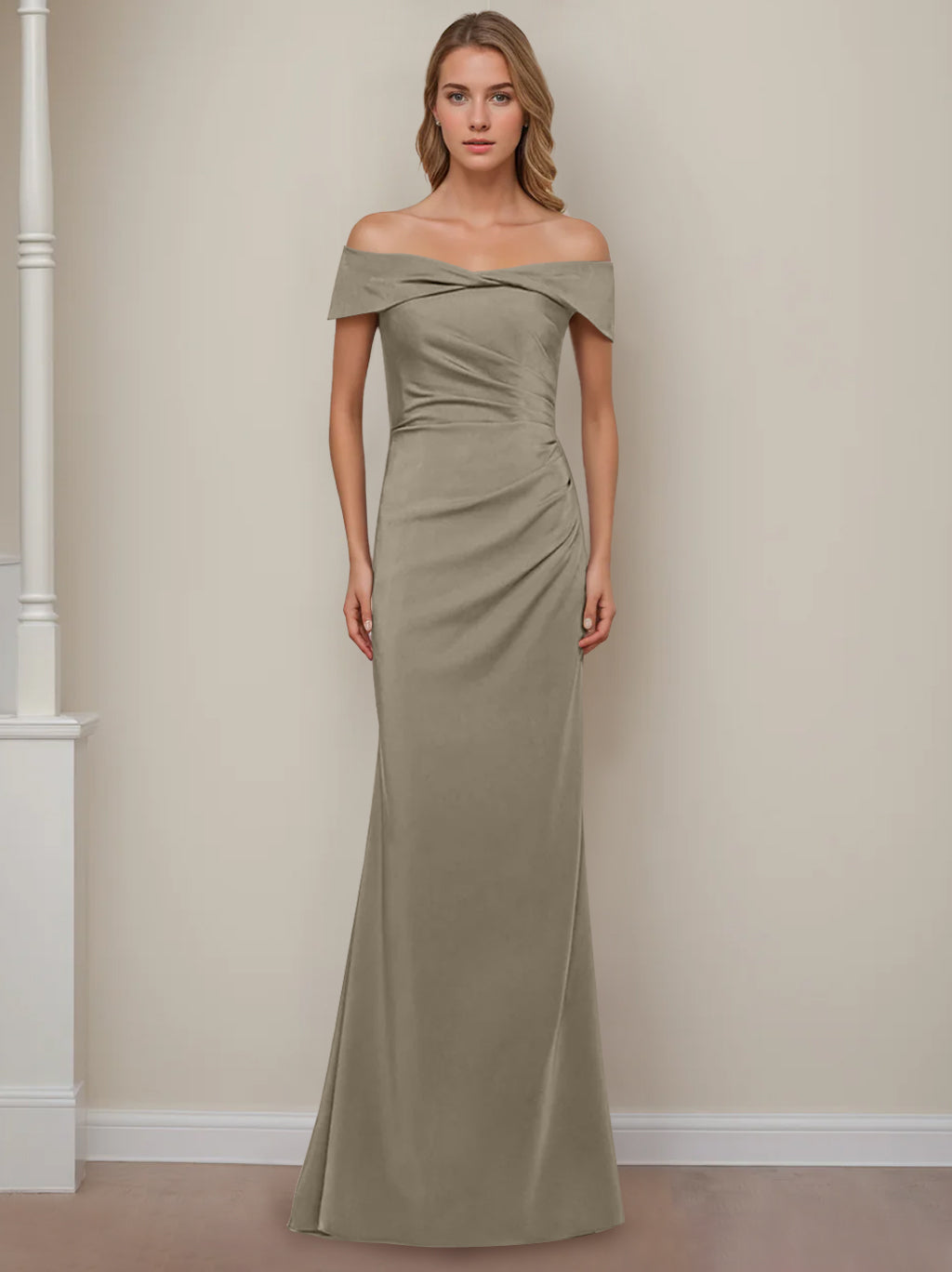 Trumpet/Mermaid Off-the-Shoulder Short Sleeves Floor-Length Mother of The Bride Dresses With Ruffles