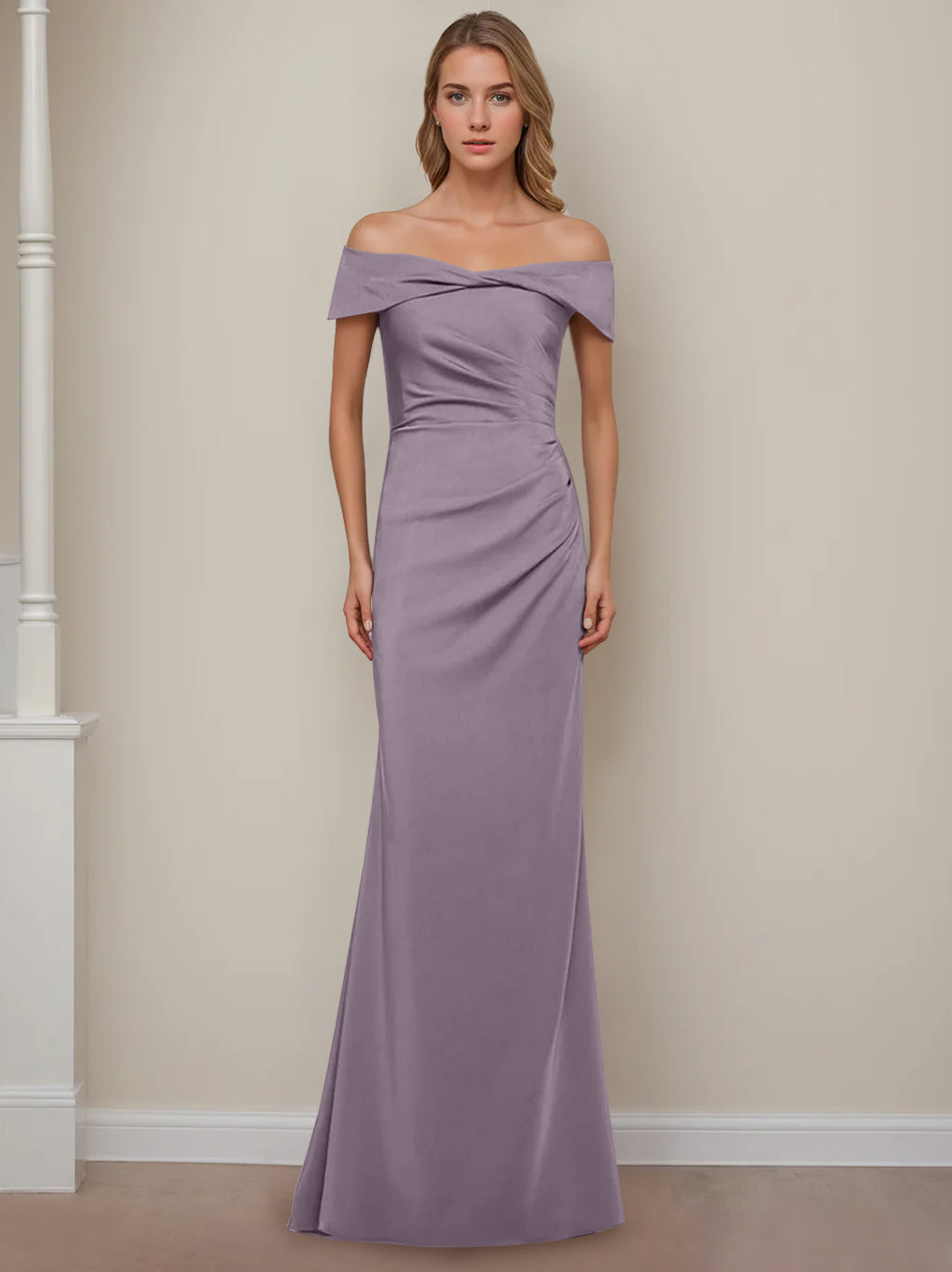 Trumpet/Mermaid Off-the-Shoulder Short Sleeves Floor-Length Mother of The Bride Dresses With Ruffles