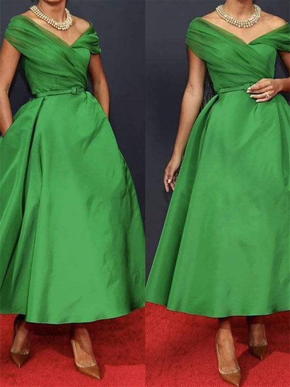 A-Line Cocktail Dress Sleeveless Off Shoulder Ankle Length Ruched Mother of the Bride Dresses