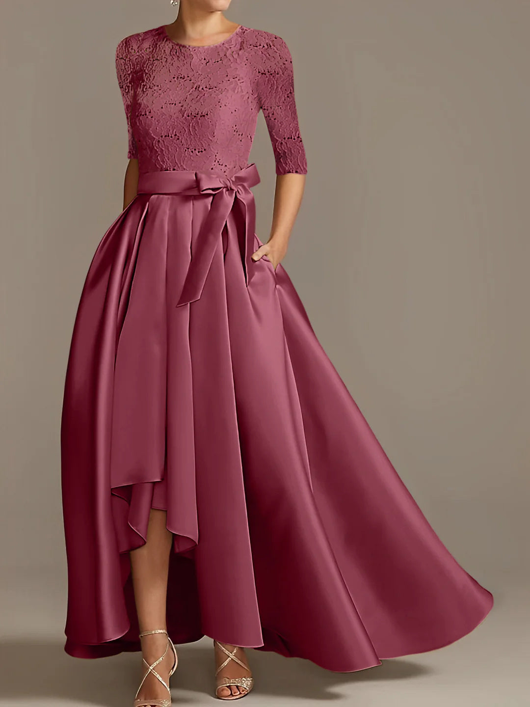 A-Line/Princess Scoop Floor-Length Half Sleeves Mother of the Bride Dresses with Ruffles Bow(s)