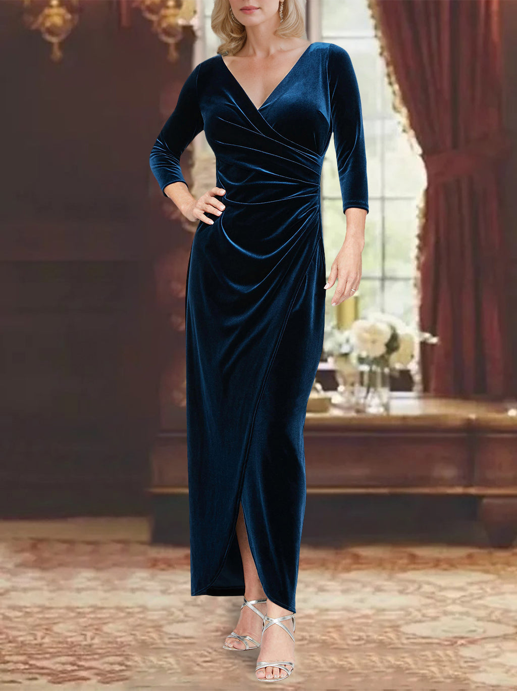 Sheath/Column V-Neck 3/4 Length Sleeves Asymmetrical Mother of the Bride Dresses with Ruffles