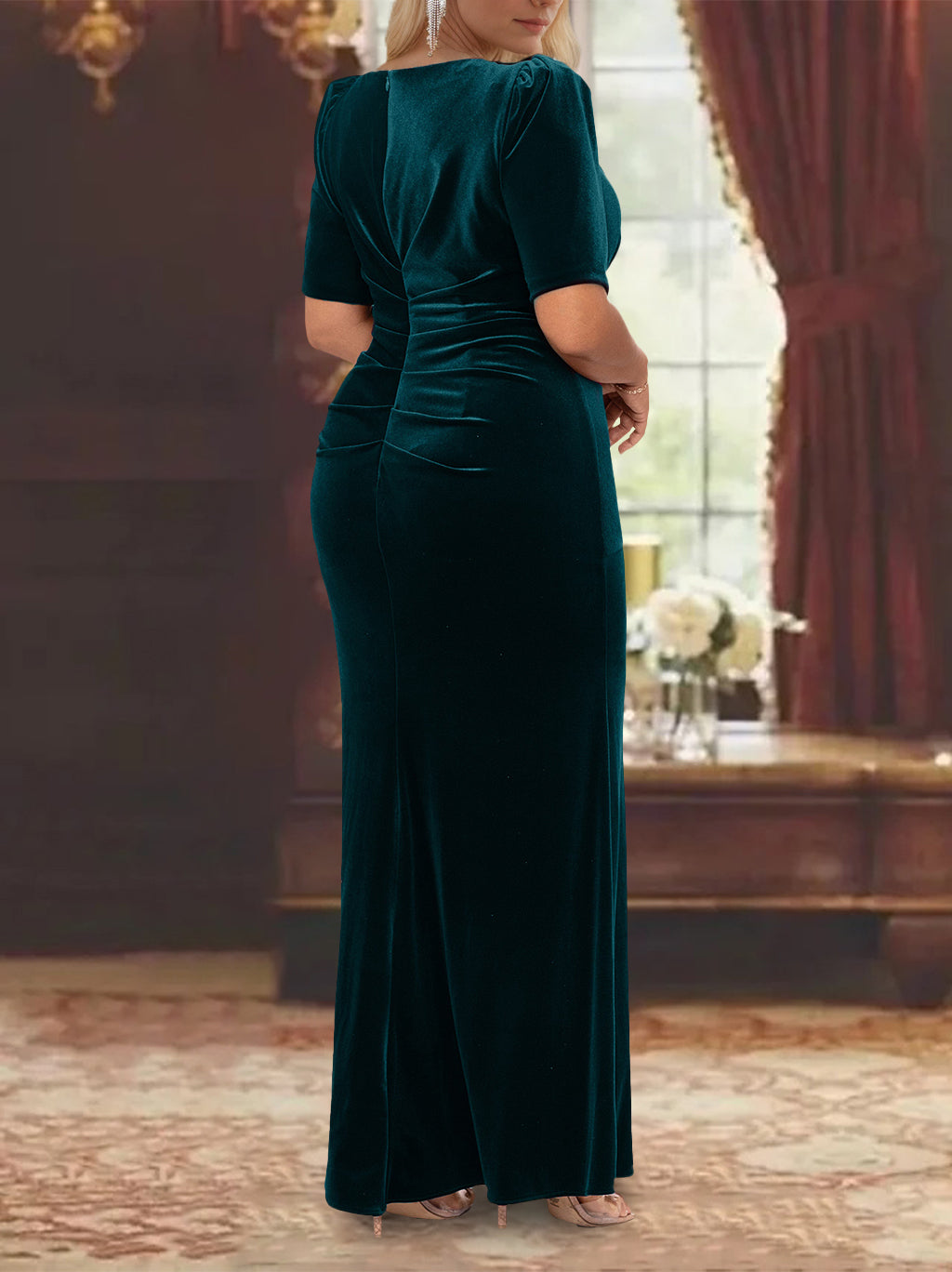 Trumpet/Mermaid Scoop Half Sleeves Floor-Length Mother of the Bride Dresses with Ruffles