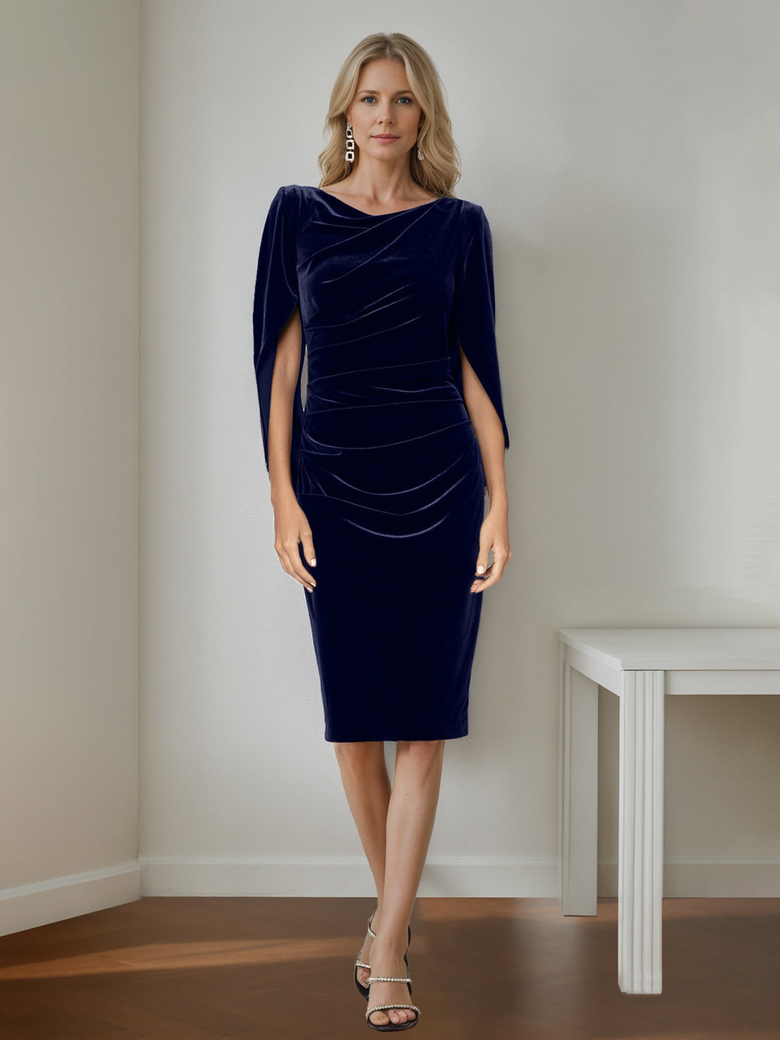 Sheath/Column Scoop Half Sleeves Knee-Length Velvet Mother of the Bride Dresses with Ruffles
