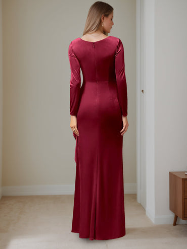 Sheath/Column V-Neck Long Sleeves Floor-Length Velvet Mother of the Bride Dresses with Ruffles