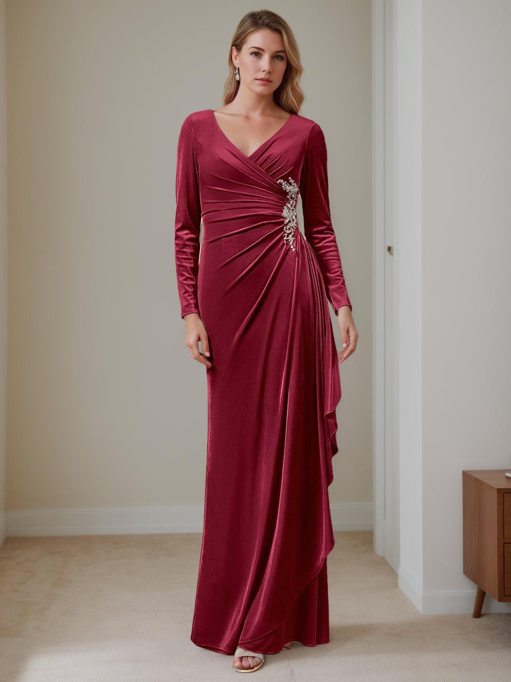 Sheath/Column V-Neck Long Sleeves Floor-Length Velvet Mother of the Bride Dresses with Ruffles