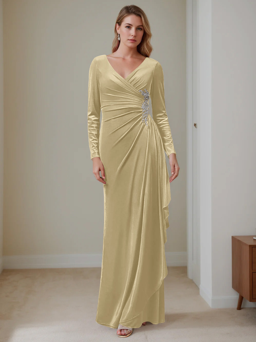 Sheath/Column V-Neck Long Sleeves Floor-Length Velvet Mother of the Bride Dresses with Ruffles