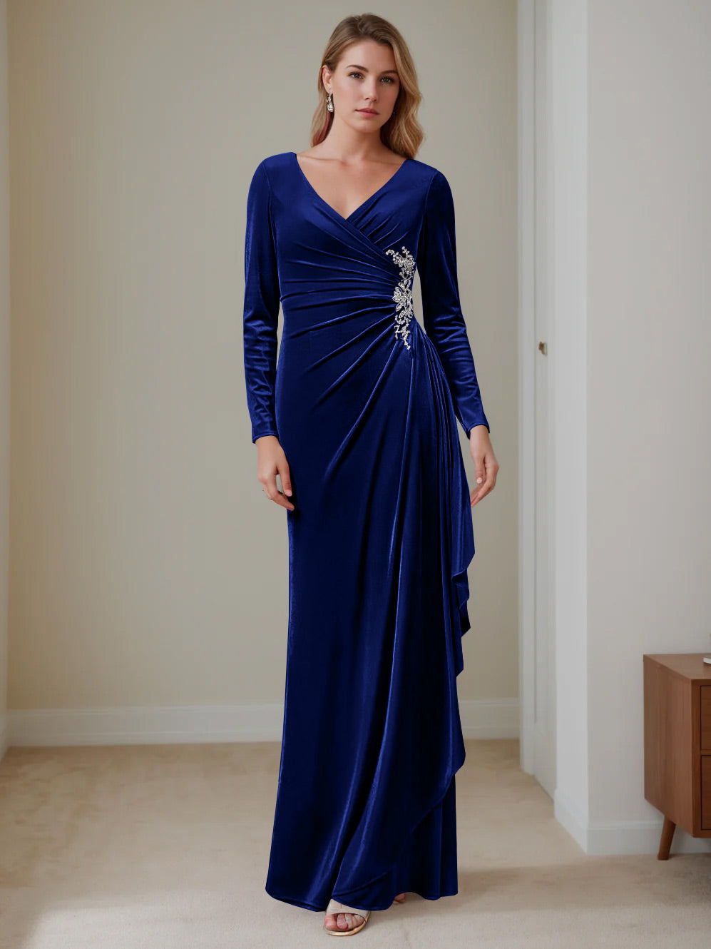 Sheath/Column V-Neck Long Sleeves Floor-Length Velvet Mother of the Bride Dresses with Ruffles