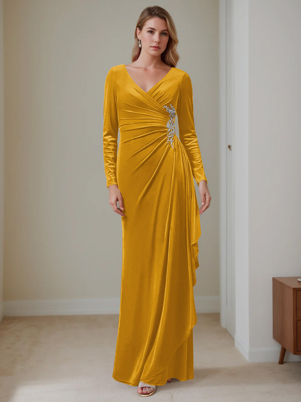 Sheath/Column V-Neck Long Sleeves Floor-Length Velvet Mother of the Bride Dresses with Ruffles