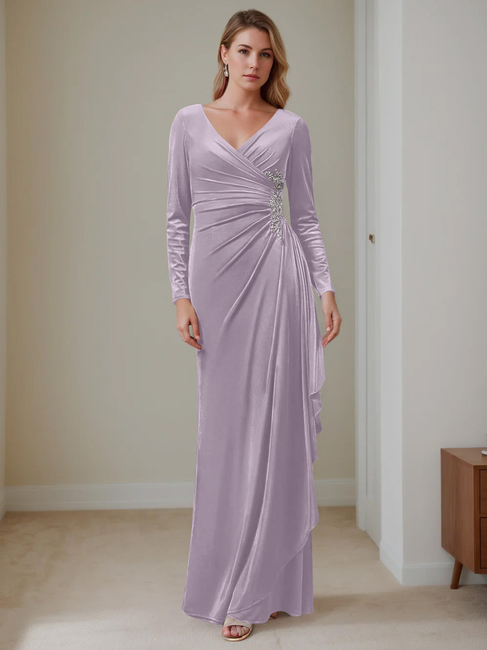 Sheath/Column V-Neck Long Sleeves Floor-Length Velvet Mother of the Bride Dresses with Ruffles