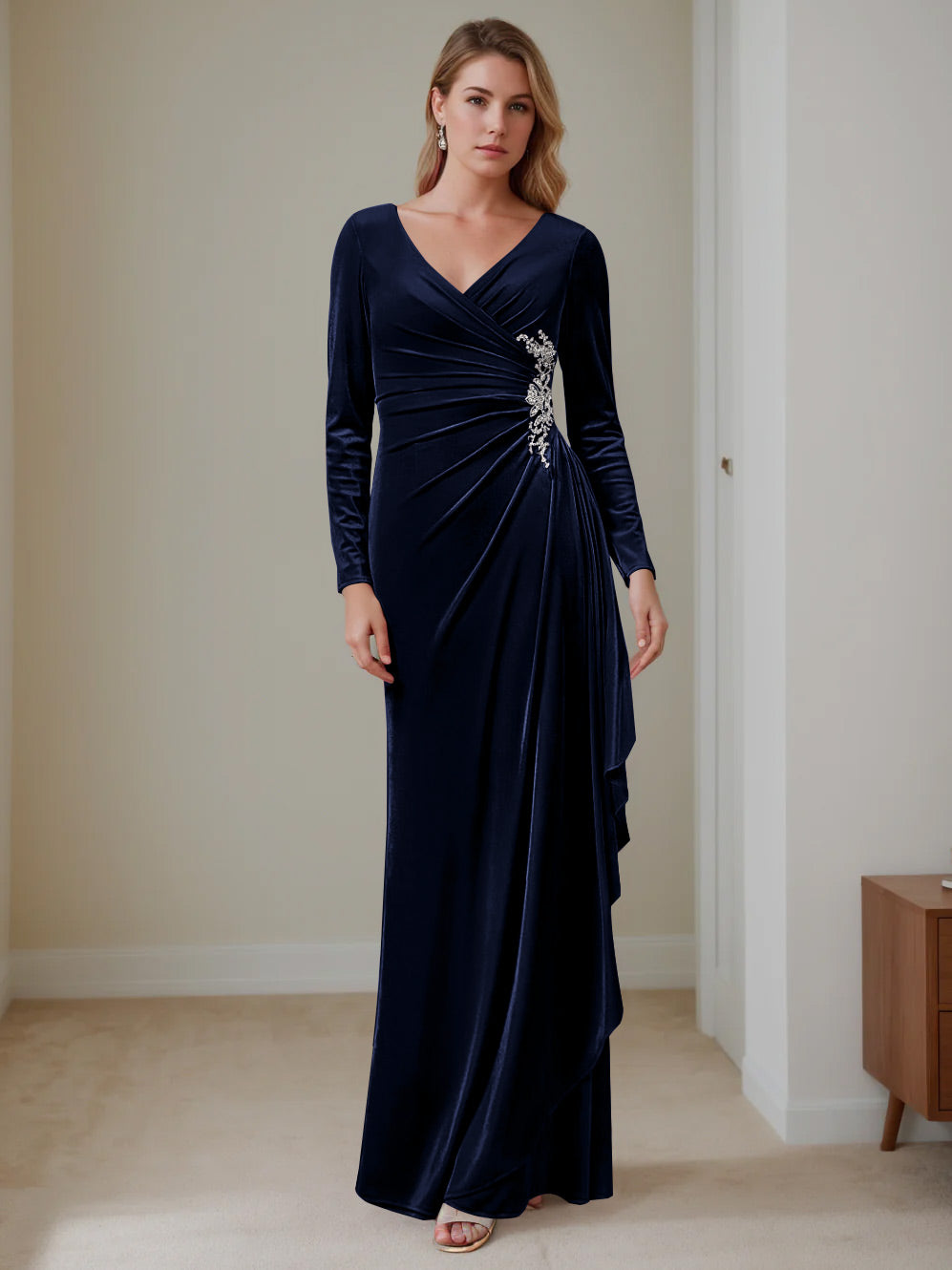 Sheath/Column V-Neck Long Sleeves Floor-Length Velvet Mother of the Bride Dresses with Ruffles