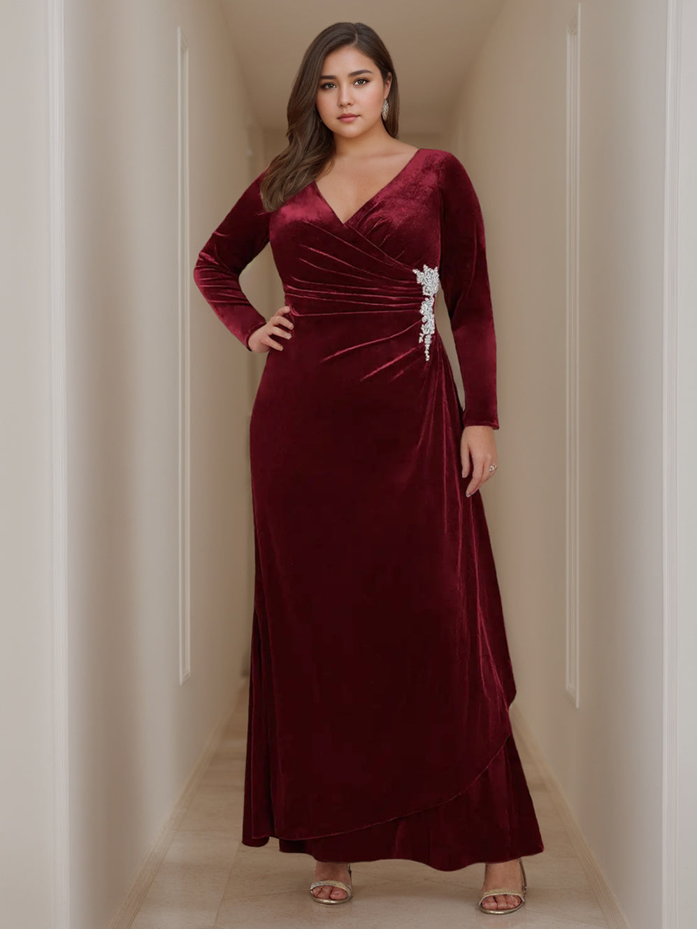 Sheath/Column V-Neck Long Sleeves Floor-Length Velvet Mother of the Bride Dresses with Ruffles