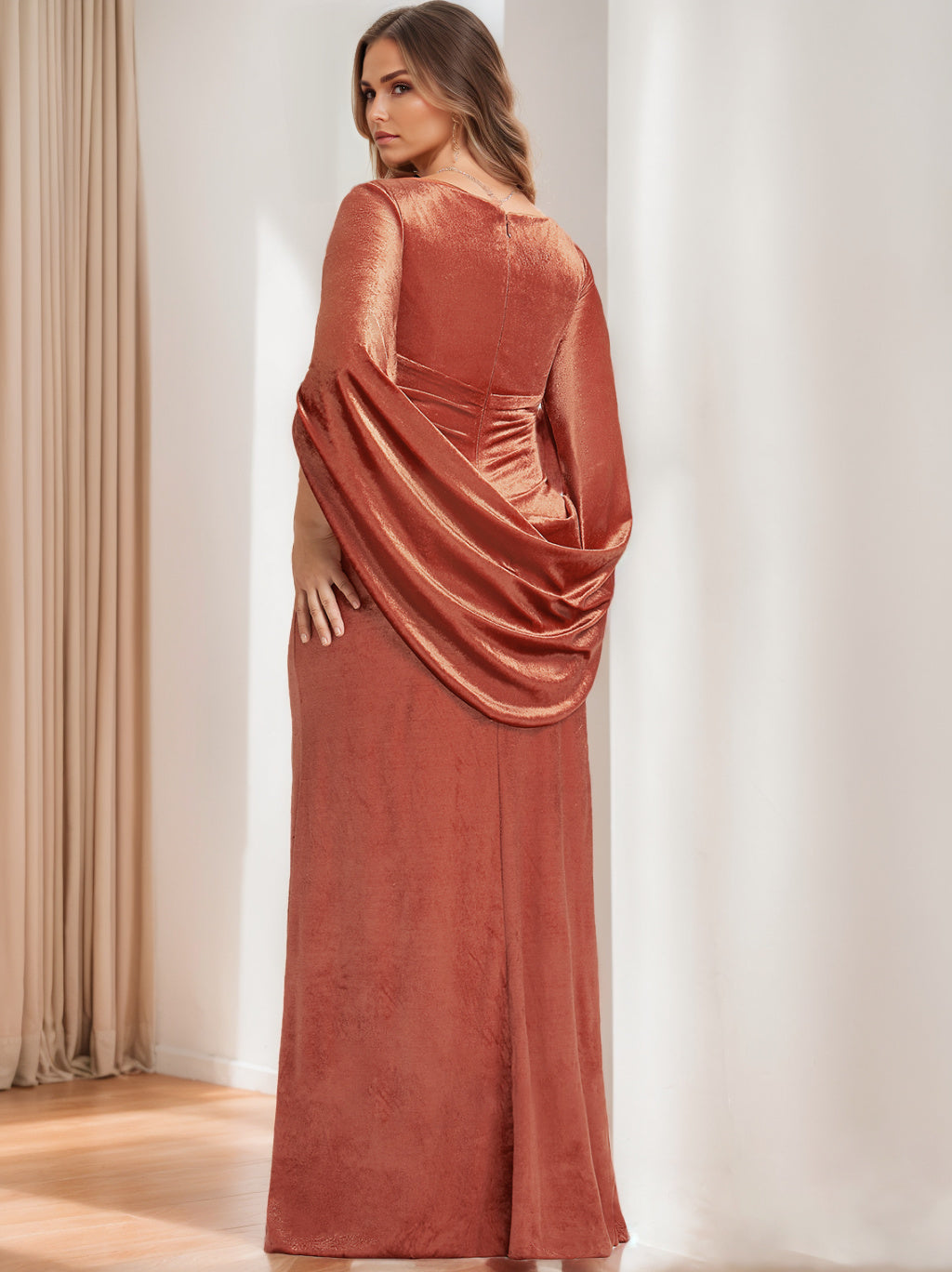 Trumpet/Mermaid V-Neck Half Sleeves Floor-Length Velvet Mother of the Bride Dresses with Ruffles