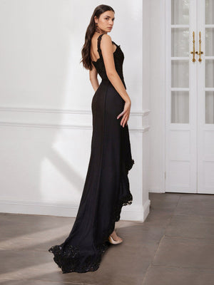A-Line/Princess Prom Dress Spaghetti Straps Sleeveless Asymmetrical Party Dress with Split Side & Lace Sequin Applique