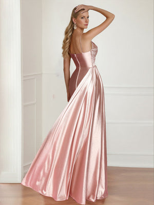 Sheath/Column Prom Dress Spaghetti Straps Sleeveless Formal Floor-Length Evening Dresses with Split Side