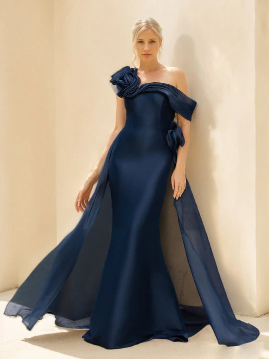 Trumpet/Mermaid Long Sleeves Floor-Length Mother of the Bride & Groom Dresses with Flower & Overskirt
