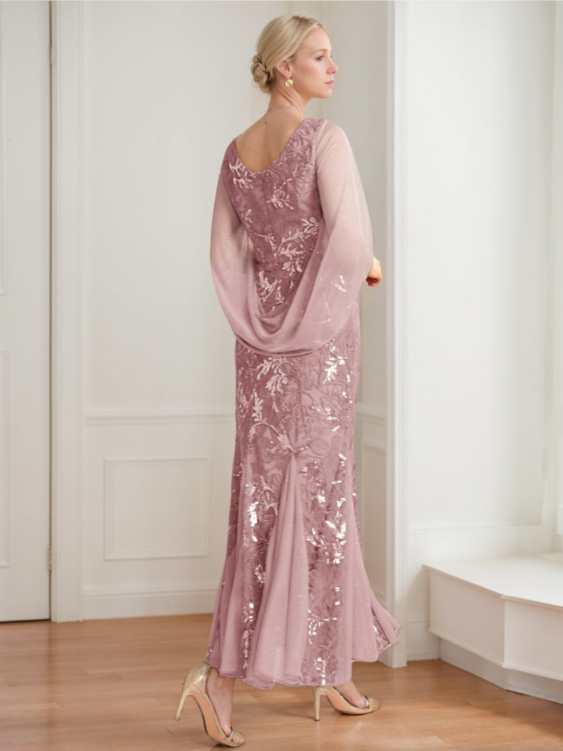 A-Line/Princess V-Neck Half Sleeves Ankle-Length Mother of the Bride Dresses with Solid Color & Lace