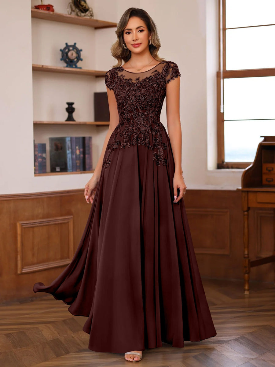 A-Line/Princess Scoop Neck Short Sleeves Floor-Length Mother of the Bride Dresses with Appliques