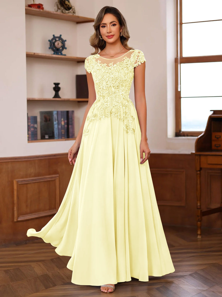 A-Line/Princess Scoop Neck Short Sleeves Floor-Length Mother of the Bride Dresses with Appliques