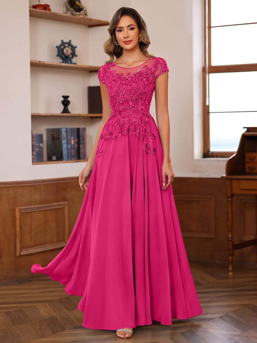 A-Line/Princess Scoop Neck Short Sleeves Floor-Length Mother of the Bride Dresses with Appliques
