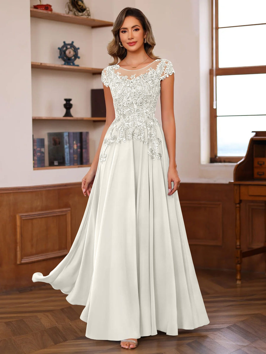 A-Line/Princess Scoop Neck Short Sleeves Floor-Length Mother of the Bride Dresses with Appliques