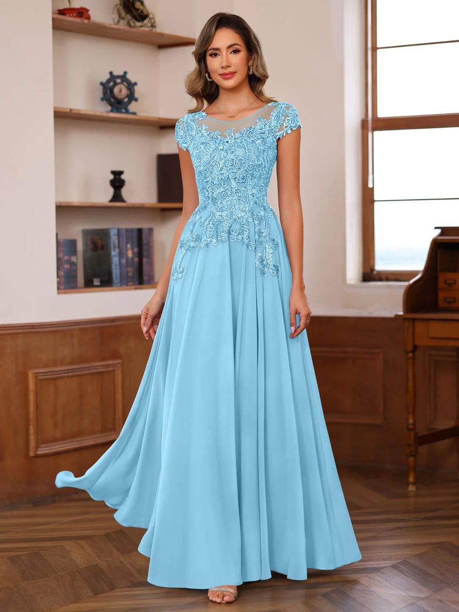 A-Line/Princess Scoop Neck Short Sleeves Floor-Length Mother of the Bride Dresses with Appliques