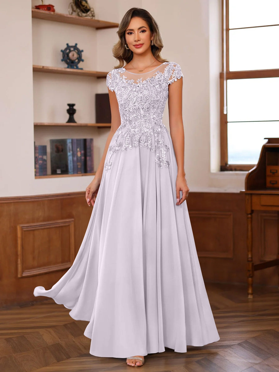 A-Line/Princess Scoop Neck Short Sleeves Floor-Length Mother of the Bride Dresses with Appliques